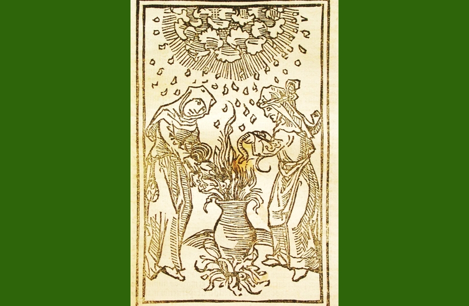 Unwetter durch Hexenzauber - Zeichnung Holzschnitt Zwei Hexen kochen einen Sud zur Erzeugung von Hagelunwetter
