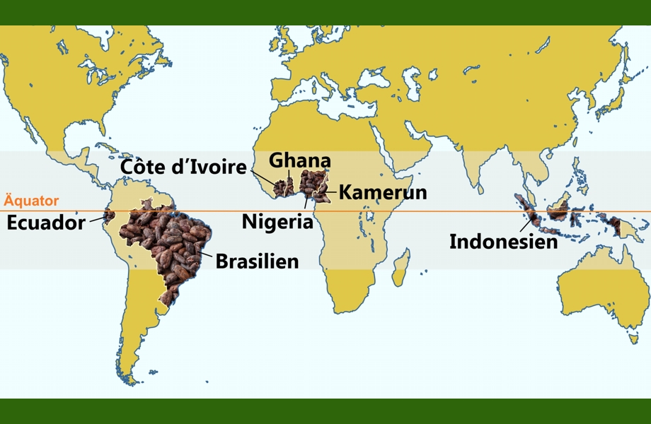 Die wichtigsten Kakaoanbauländer - eine Karte